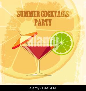 Summer Cocktail Party Theme. Cocktail drink with lime slice and umbrella on grunge background. Stock Vector