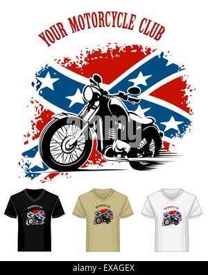Template of Bikers Club Emblem Print drawn in different color variations. Retro motorcycle against patriotic confederate flag. I Stock Vector