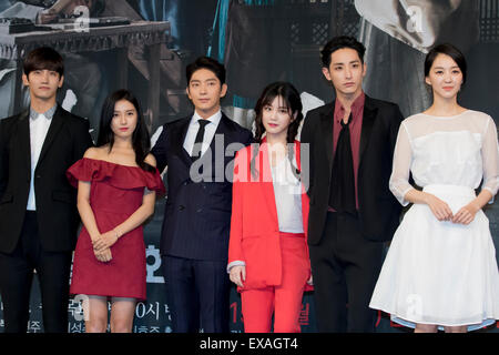 Chang-Min(Dongbangsinki), Kim So-Eun, Lee Joon-Gi, Lee Yu-Bi, Lee Soo-Hyuk and Jang Hee-Jin, Jul 07, 2015 : South Korean actors and actresses (L-R) Changmin, Kim So-eun, Lee Joon-gi, Lee Yu-bi, Lee Soo-hyuk and Jang Hee-jin pose during a press presentation of South Korean drama, 'Scholar Who Walks the Night' in Seoul, South Korea. © Lee Jae-Won/AFLO/Alamy Live News Stock Photo