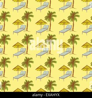 Sketch palm and deck chair in vintage style, vector seamless pattern Stock Vector