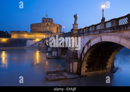 Ponte Sant'Angelo on the River Tiber and the Castel Sant'Angelo at night, Rome, Lazio, Italy, Europe Stock Photo