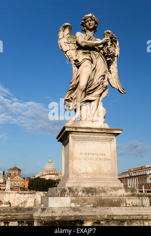 Bernini's breezy maniac angels statue on the Ponte Sant'Angelo with St. Peter's Basilica behind, Rome, Lazio, Italy, Europe Stock Photo