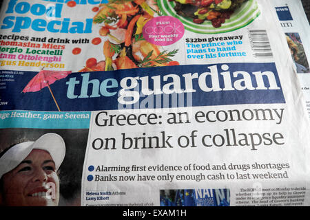 'Greece: an economy on brink of collapse'  Guardian newspaper headline London UK 4th July 2015 Stock Photo