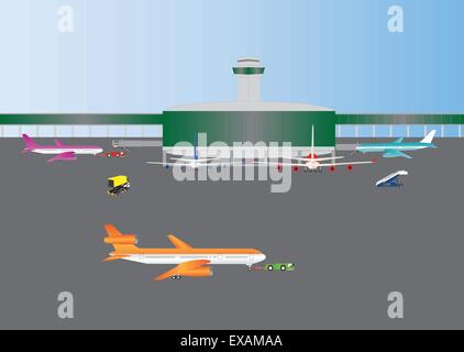 An Airport Building with Airliners at Gates and Airliner being towed to runway Stock Vector