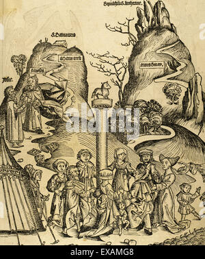 Moses and Joshua descend from Mount Sinai with the tablets of the Law broken and found the Israelites worshiping the golden fleece. Engraving in Liber Chronicarum by Hartman Schedel, 15th century. Latin edition. Stock Photo