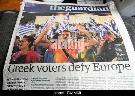 'Greek Voters Defy Europe'  Guardian newspaper headline London UK 6th July 2015