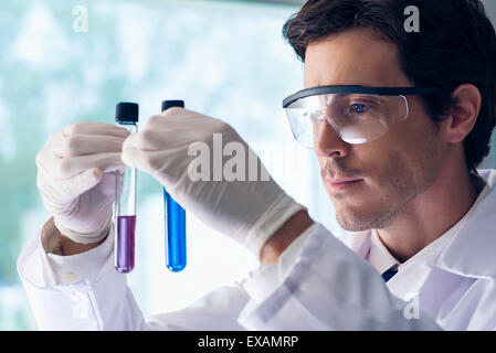 Scientist scrutinizing test tubes in lab Stock Photo