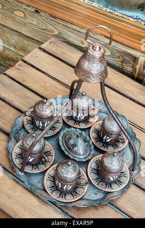 Typical copper made Turkish tray for serving coffee, Sirince, Turkey Stock Photo