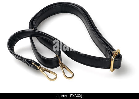 Black Leather Sling for Hand Bag on White Background Stock Photo