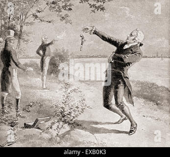 The Burr–Hamilton duel on July 11, 1804, between Alexander Hamilton, c.1757 – 1804 and Aaron Burr, Jr., 1756 –1836, who was the sitting Vice President of the United States.  The duel resulted in Hamilton's death. Stock Photo