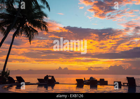 Sunset, beach chairs, palm trees, infinity swimming pool silhouette. Maldives Stock Photo