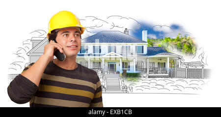 Hispanic Construction Worker on Phone Over House Drawing and Photo Combination on White. Stock Photo