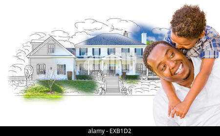 Mixed Race Father and Son Over House Drawing and Photo Combination on White. Stock Photo
