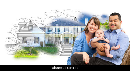 Mixed Race Couple with Baby Over House Drawing and Photo Combination on White. Stock Photo