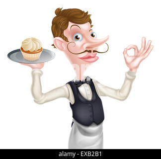 An illustration of a cartoon waiter doing a perfect or okay sign and holding a tray with a cake on it Stock Photo