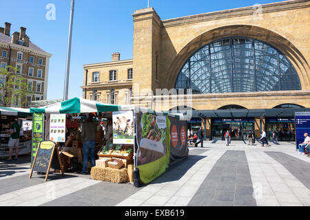 Real Food Market stalls in front of King's Cross station, London, England Stock Photo