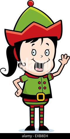 A happy cartoon Christmas elf waving and smiling. Stock Vector