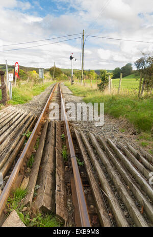 Single railway track, UK narrow gauge, Vale of Rheidol Railway, Ceredigion, Wales, United Kingdom, Europe. Stock Photo