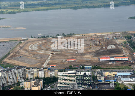 Nizhny Novgorod, Russia. 10th July, 2015. An aerial view of the busy construction site of the soccer stadium and venue for the Russia 2018 FIFA World Cup in Nizhny Novgorod, Russia, 10 July 2015. Photo: Marcus Brandt/dpa/Alamy Live News Stock Photo