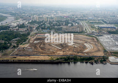 Nizhny Novgorod, Russia. 10th July, 2015. An aerial view of the busy construction site of the soccer stadium and venue for the Russia 2018 FIFA World Cup in Nizhny Novgorod, Russia, 10 July 2015. Photo: Marcus Brandt/dpa/Alamy Live News Stock Photo