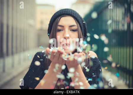 young beautiful brunette woman girl outdoor Stock Photo