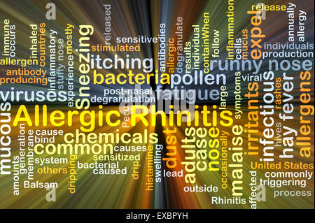 Background concept wordcloud illustration of allergic rhinitis glowing light Stock Photo