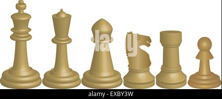 A Vector image of White Chess Pieces King Queen Bishop Knight Rook and Pawn isolated on white Stock Vector