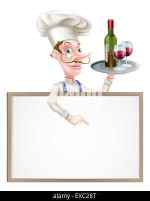 Cartoon Chef holding wine bottle and glasses above a sign or wine menu Stock Photo