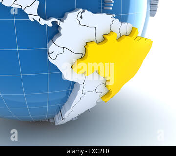 Globe with extruded continents, close-up on Brazil Stock Photo