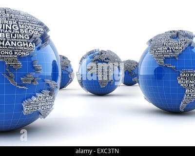 Globes with names of major cities in the world Stock Photo