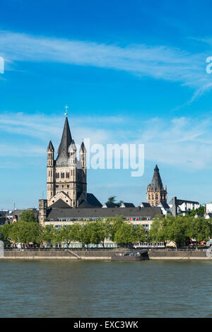 Great St. Martin church and Rhine River in Cologne, Germany Stock Photo