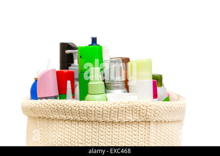 make up bag with cosmetics and brushes isolated on white Stock Photo