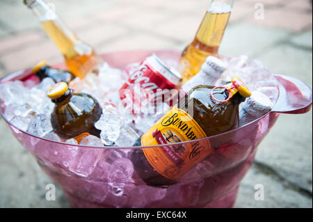 Variety of summer drinks cooling in an ice bucket Stock Photo