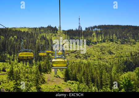 SZCZYRK, POLAND - JUBNE 6 -Yellow cable car on skrzyczne mountain in poland Stock Photo