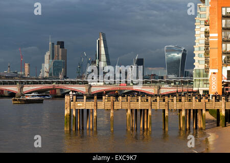 Oxo Tower pier on the River Thames with the City in the background from Gabriel's Wharf, Southbank London, England, UK. Stock Photo
