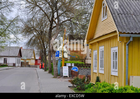 Street with typical triple-windowed wooden Karaim houses in Trakai Stock Photo