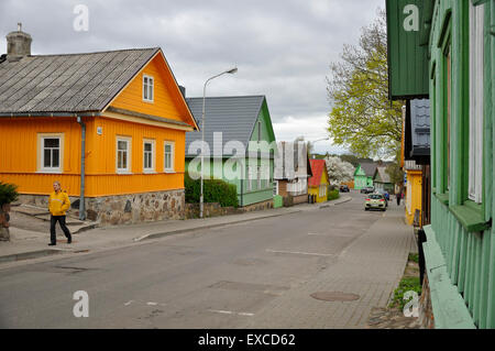 Street with typical triple-windowed wooden Karaim houses in Trakai Stock Photo