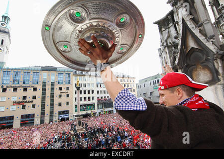 FILE - a file picture dated 9 May 2010 shows Bastian Schweinsteiger of FC Bayern Munich holding the championship shield on the balcony of the town hall in Munich, Germany. Photo: Alexander Hassenstein/dpa Stock Photo