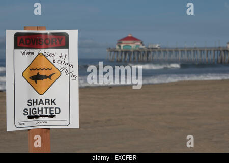 Huntington Beach, California, USA. 11th July, 2015. Lifeguards  reopened waters Saturday morning in Huntington Beach after a surfer was “bumped” by a shark on Friday.  “We had an incident yesterday at 8:45 [a.m.] involving a surfer that was sitting on his board at Beach Boulevard and he actually got bumped by a shark, and based on our protocol that’s defined as an aggressive behavior,”  Lt. Panis said lifeguards took the precautionary step of shutting the beach to swimmers a mile in either direction. Credit:  Duncan Selby/Alamy Live News Stock Photo