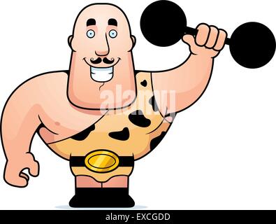 A happy cartoon strongman lifting a dumbbell. Stock Vector