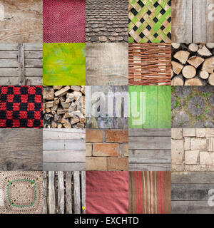 Textures found in village household, set of 25 different textures. Old wooden patterns, fabric, blankets, roof tiles, burlap and Stock Photo