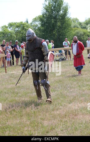 brave ancient knight on historical fest 'Pride of Ancestor', July 4-5, Vileyka, 2015, Belarus Stock Photo