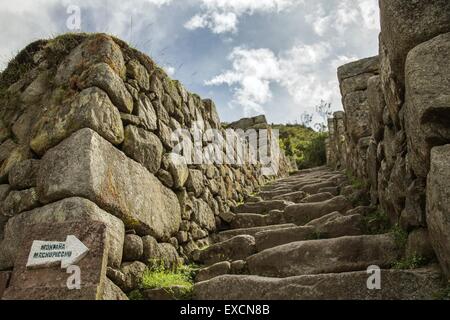 Entrance to the trail leading on the top of mountain of Machu Picchu Stock Photo