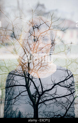 young beautiful hipster sporty blonde woman in town double exposure Stock Photo