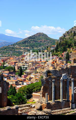 Taormina village from the Greek Roman amphitheatre ruins, Taormina, Messina district, Sicily, Italy Stock Photo