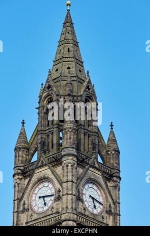 Close-up of manchester Town hall clock tower exterior   Clock face roman numerals numbers time gothic    UK Great Britain Britis Stock Photo