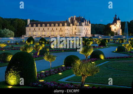 Lighted Garden of Diane de Poitiers and Chateau de Chenonceau in the Loire Valley, Centre France Stock Photo