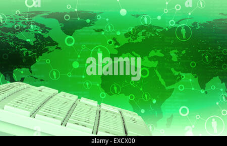 Keyboard on world map background with symbols Stock Photo - Alamy