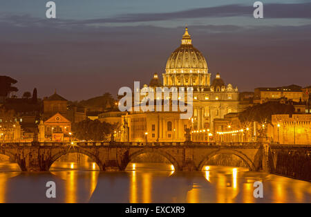 Rome - Angels bridge and St. Peters basilica in evening dusk Stock Photo