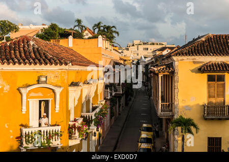 Bird's eye view at sunset of a side street and colonial heritage buildings in the Ciudad Vieja or old town of Cartagena, Colombi Stock Photo